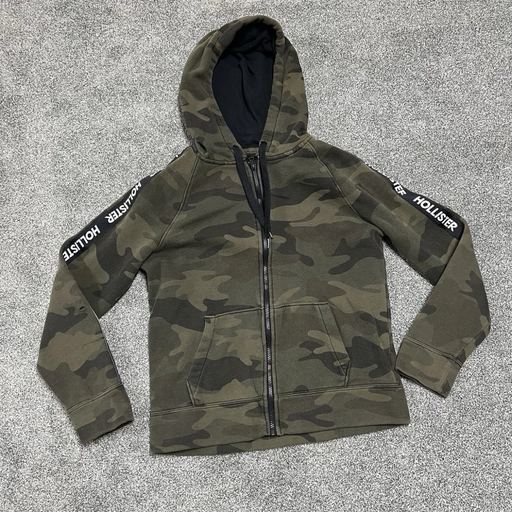 Hollister Womens Full Zip Hoodie XS Camo Camouflage Logo Sleeve Sweatshirt